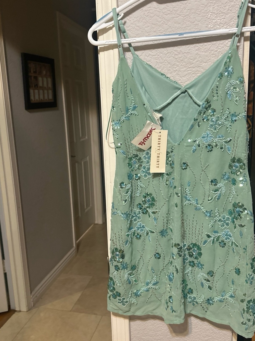 Trinity Seafoam Green Beaded Spaghetti Strap Mini Dress